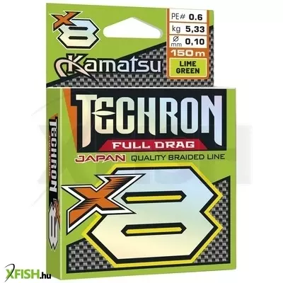 Kamatsu Braided Line Techron Full Drag X8 Lime Green Fonott Pergető Zsinór 150m 0,12mm 7,32Kg