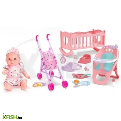 Játékbaba hanggal, bölcsővel és kiegészítőkkel - 30 cm