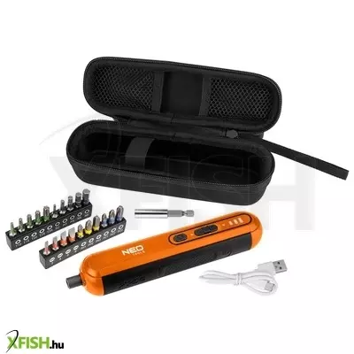 Neotools akkus csavarhúzó készlet, 4v, li-ion akku, usb-c töltő, 20bit, tok