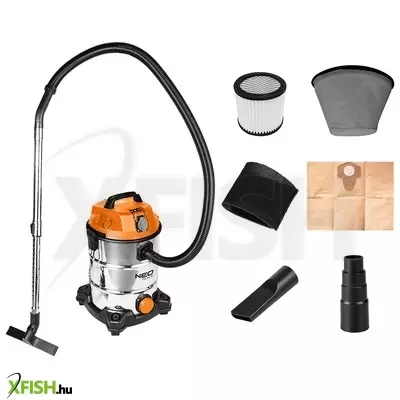 Neotools száraz/vizes ipari porszívó, 1400w/18kpa, 30l-es inox tartály, gépcsatlakozó aljzat, komplett tartozékszett