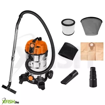 Neotools száraz/vizes ipari porszívó, szűrőtisztító funkció, 1600w/18kpa, 35l inox tartály, gépcsatlakozó, tartozékok