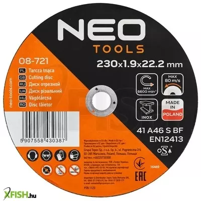 Neotools vágókorong, fémhez, 230x1,9x22,2mm, 41a 46 S bf inox, 25db/cs