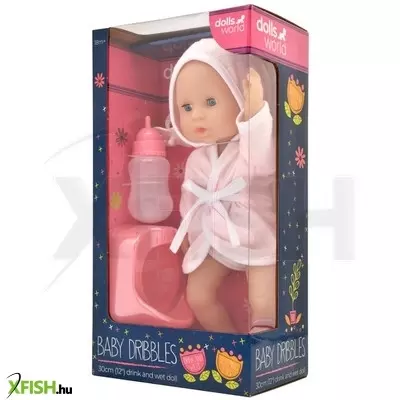 Dolls world baba, 30 cm fürdethető, fürdőköpenyben, bilivel, cumisüveggel