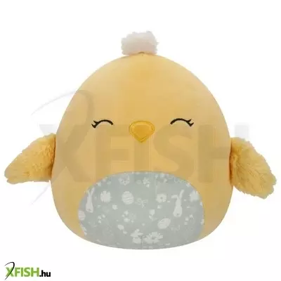 Squishmallows 20 cm - aimee a sárga csibe csukott szemekkel és zöld, virágos és húsvéti mintás hassa
