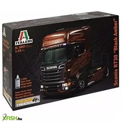 Italeri: Scania R730 V8 fekete-borostyán kamion makett, 1:24