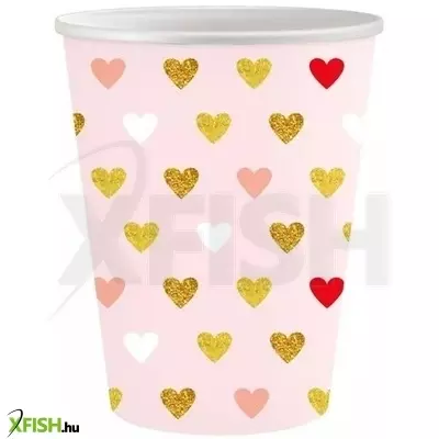 XOXO: Rózsaszín papírpohár szívekkel, 250 ml - 6 db