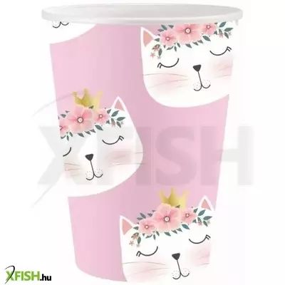Virágos cica mintájú papírpohár - 250 ml, 6 db-os