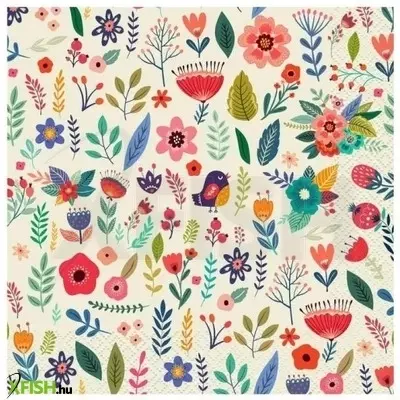 Virág és madárka mintás szalvéta, fehér - 20 db