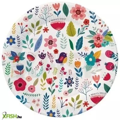 Virág és madárka mintás papírtányér, fehér - 18 cm, 6 db