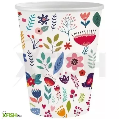 Virág és madárka mintás papírpohár, fehér - 250 ml, 6 db