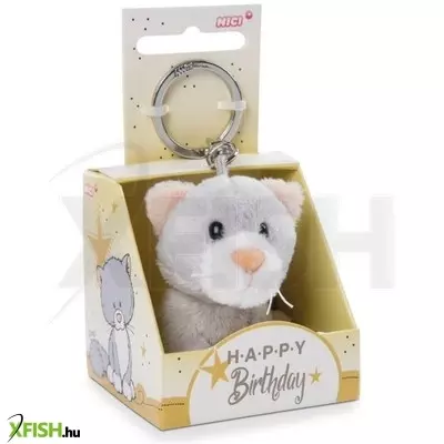 Nici: Cica plüss kulcstartó Happy Birthday feliratú dobozban - 6 cm