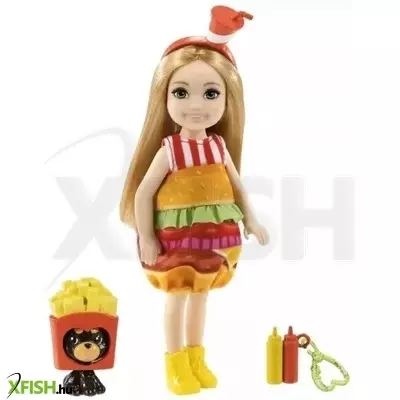 Barbie Chelsea Club: Szőke hajú baba hamburger jelmezben kutya figurával