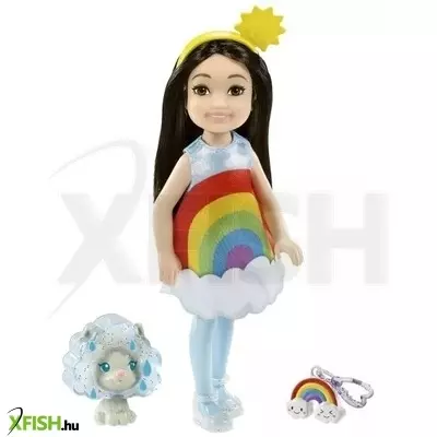 Barbie Chelsea Club: Barna hajú baba szivárvány jelmezben cica figurával