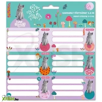 Cute Animals: Cica mintás füzetcímke - 3 x 6 db-os