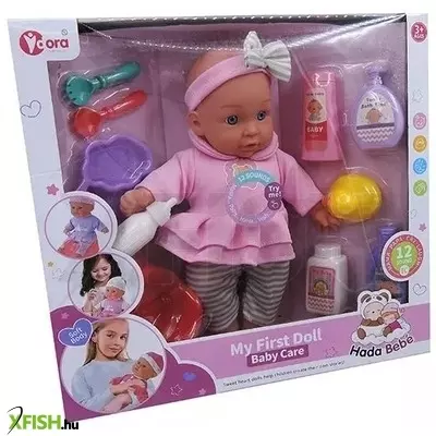 Interaktív játékbaba csíkos nadrágban, kiegészítőkkel - 35 cm