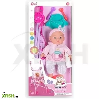 Játékbaba babakocsival és kiegészítőkkel - 35 cm, masnis fejpánttal