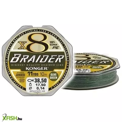 konger braider x8 olive green fonott előkezsinór 10m 0,20mm 25,3kg