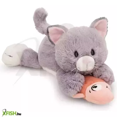 Nici: Szürke plüss cica és hal, fekvő - 30 cm