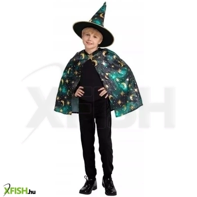 Zöld varázsló jelmez - köpeny, kalap, 110/120 cm