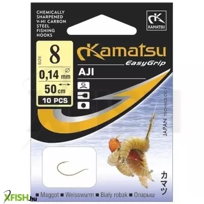 Kamatsu Maggot Aji Előkötött Feeder Horog Lapkás Arany 50 Cm 0,14 mm 8 Gf 10 db/csomag