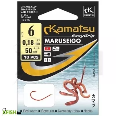 Kamatsu Red Worm Maruseigo Előkötött Pontyozó Horog Lapkás Piros 50 cm 0,14 mm 10 Rf 10 db/csomag