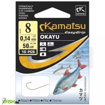 Kamatsu Okayu Roach Előkötött Feeder Horog Lapkás Arany 50 Cm 0,12 mm 12 Gf 10 db/csomag