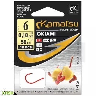 Kamatsu Maize Okiami Előkötött Pontyozó Horog Füles Piros 50 Cm 0,18 mm 6 Rr 10 db/csomag