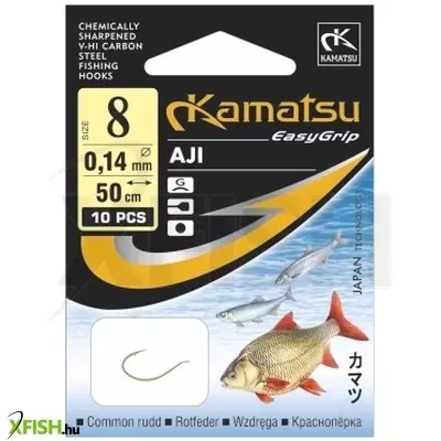 Kamatsu Rudd Aji Előkötött Feeder Horog Lapkás Arany 50 Cm 0,12 mm 12 Gf 10 db/csomag