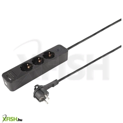Etm 55.201.24 elosztó, 3 aljzat, kapcsolós, fekete, usb-a, usbc aljzat, 1,5 méter hosszú