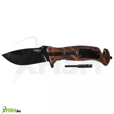 neotools összecsukható túlélőkés, 22cm, 6 az 1-ben kés, síp, kovakő, csavarkulcs, szíjvágó, üvegtörő, penge 9cm