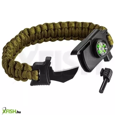 Neotools túlélő karkötő 5 az 1-ben 3.5m paracord(250kg-ig), kovakő, iránytű, kés, síp, zöld, szélessége 26mm