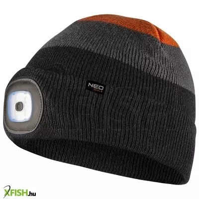 Neotools kötött munkasapka, beépített LED lámpával, fekete-szürke-narancs, premium, téli