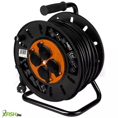 Neotools kábeldob, hosszabbító, 20m/3x1,5mm2 réz kábel, 230v, ip20, hőkioldó, műanyag dob, fém keret
