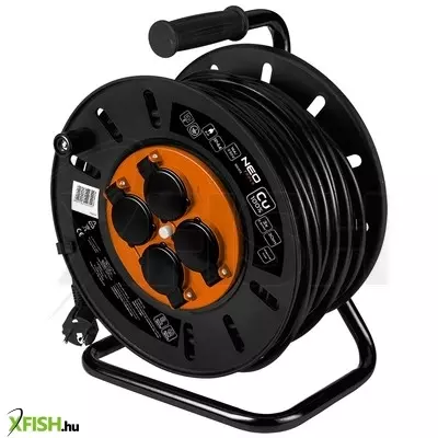 Neotools kábeldob, hosszabbító, 30m/3x2,5mm2 réz kábel, 230v, ip20, hőkioldó, műanyag dob, fém keret