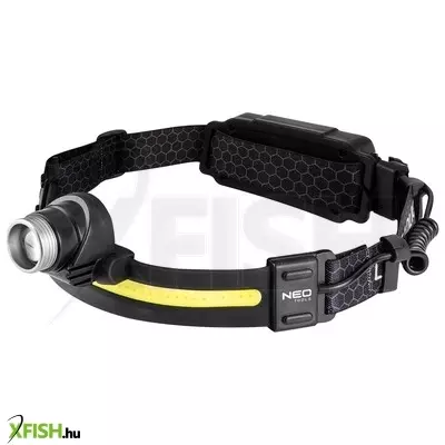 Neotools fejlámpa, xpg+cob led, 400lm fényerő, abs és gumi pánt, beépített akku, töltéskijelző