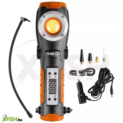 Neotools akkus kompresszor és lámpa, 2000mah akku, 800+400 lm fényerő, max 10bar nyomás, USB és autós töltő
