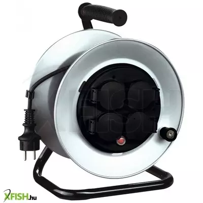 home hjrm 10-50 fém kábeldob, 50 m, fém talp és dob, ip44-es védelem, h07rn-f 3g1,5 mm2 gumi kábel, max. 3000 w, védőkapcsoló,  fix, nem forgó aljzatokkal