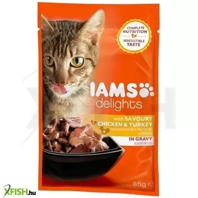 iams cat delights csirkehús és pulykahús szószban nedves macskatáp 85g, 24 db/csomag