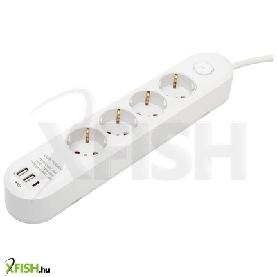 Home nv4kusbc hálózati elosztó, 1,5 m, h05vv-f 3g1,5 mm2 kábel, 4 védőérintkezős aljzat, USB töltőaljzat, max. 3680w, kétpólusú kapcsoló, beltéri kivitel