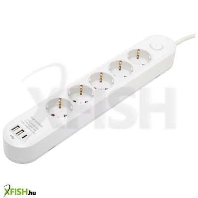 Home nv5k3usbc hálózati elosztó, 3 m, h05vv-f 3g1,5 mm2 kábel, 5 védőérintkezős aljzat, USB töltőaljzat, max. 3680w, kétpólusú kapcsoló, beltéri kivitel