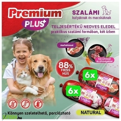 Premium Plus Kutya Macska Szalámi 88% Hús Marha Kacsahús Zöldségek 12x800g