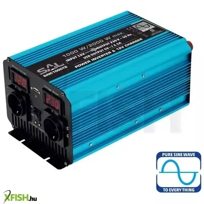 Sal saic1000ts feszültségátalakító, ~1000 W névleges telj., tiszta szinuszos, 2 védőérintkezős aljzat, szünetmentes tápegység, usb, visszajelző led, lágyindítás